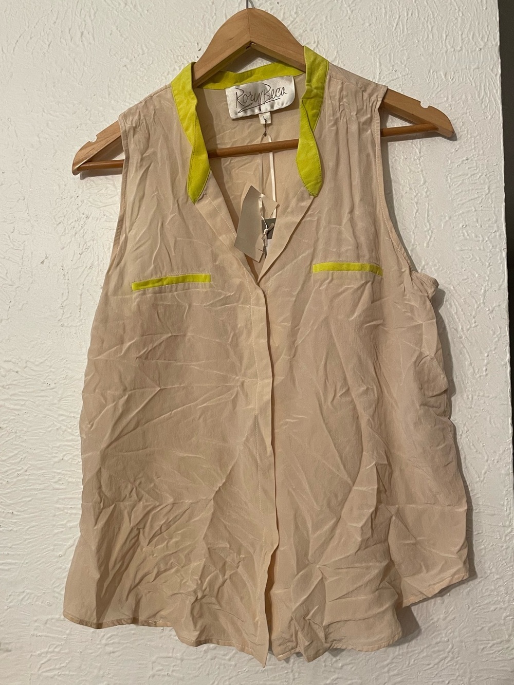 NWT Rory Beca Beige Sleeveless Top Yellow Trim Silk Blouse Large 100% Silk